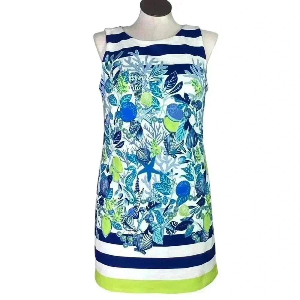 Eliza J Dress 14 Shift Short Beach Nautical Sea Shells Resort Casual Coast NEW